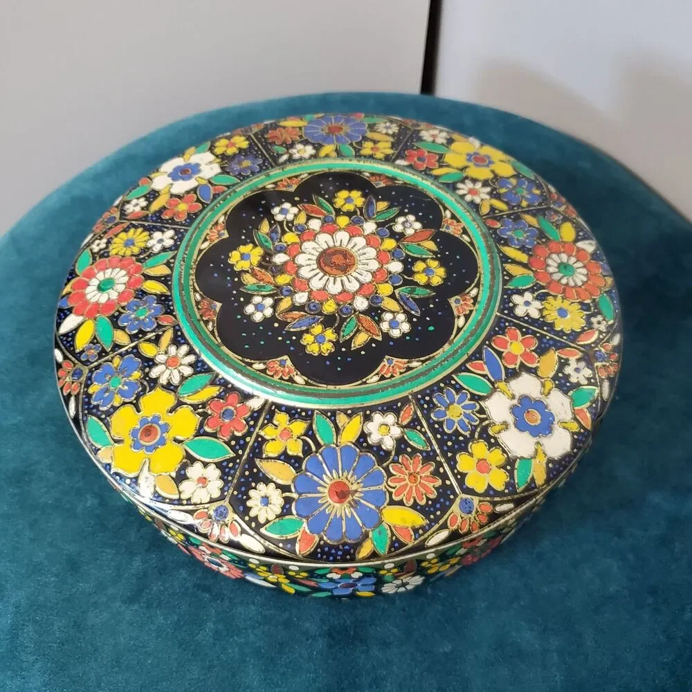 Vintage Floral Cloisonné Like Tin Metal Container With Lid Colorful 8